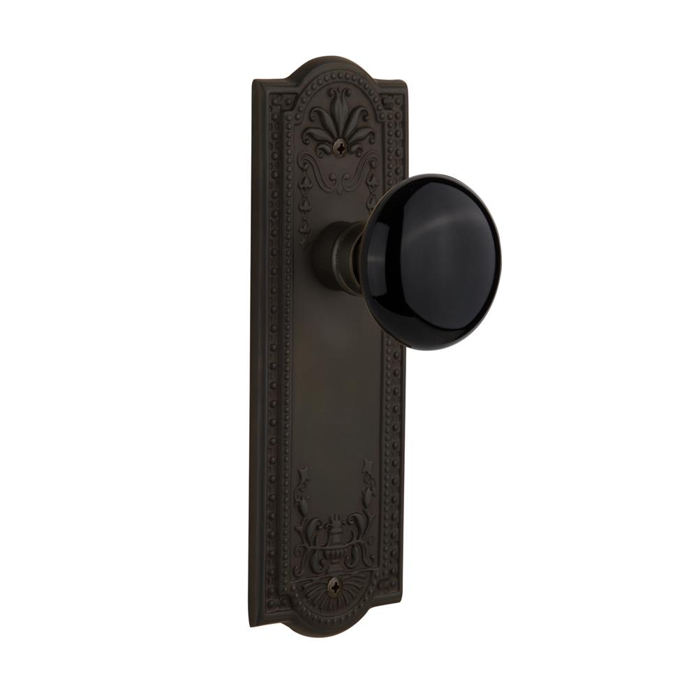 Nostalgic Warehouse MEABLK Passage Knob Meadows Plate with Black Porcelain Knob without Keyhole in Oil Rubbed Bronze